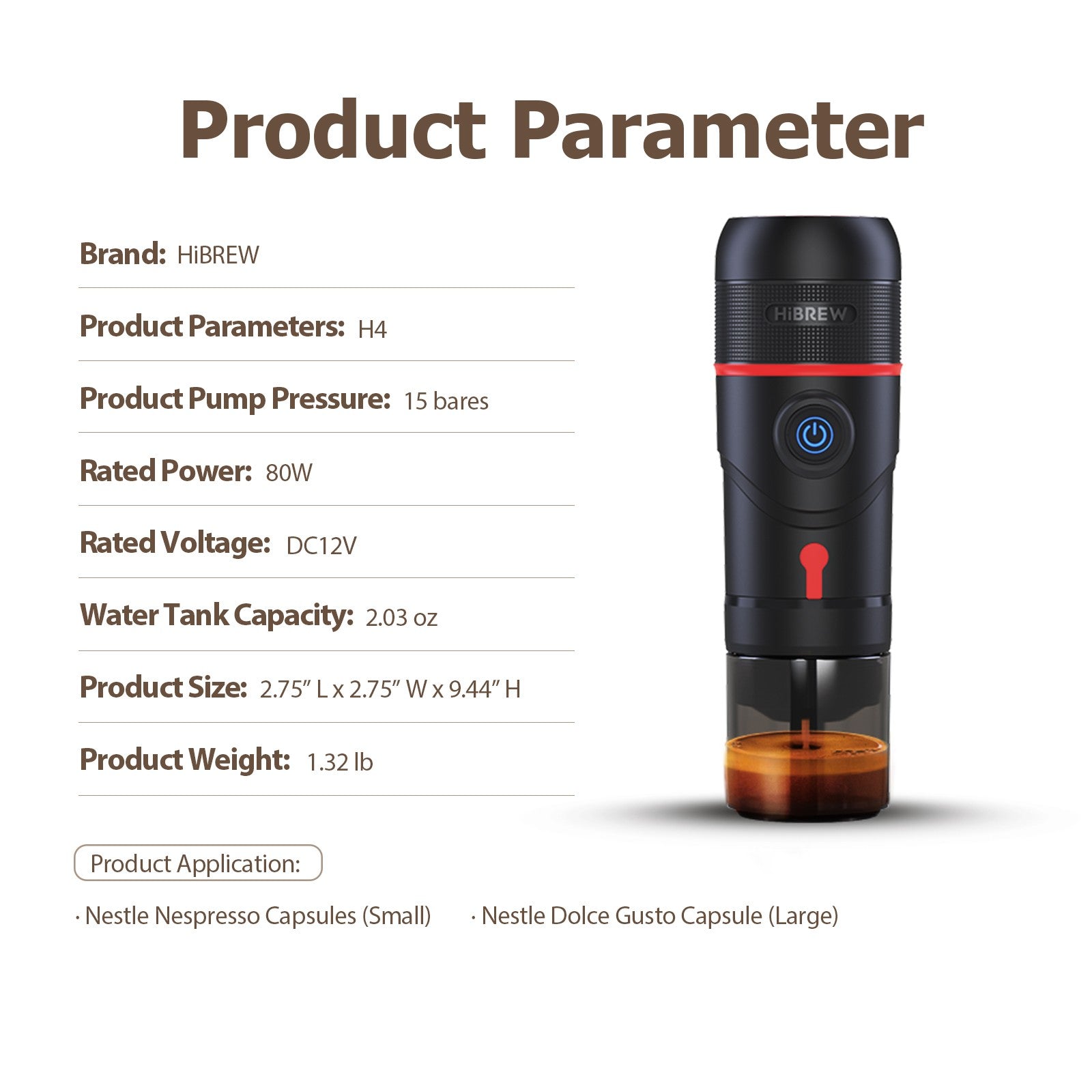 HiBREW Máquina de Café Portátil para Coche y Hogar, Cafetera de Expreso, Compatible con Cápsulas Dolce Nespresso y Café Molido, CC de 12 V, Dispositivo H4