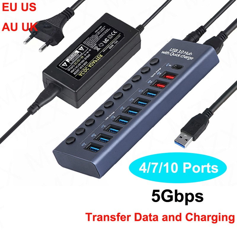 USB 3,0 Hub Socket Switch 4 6 10 puertos concentrador multi-tap multipuerto estación de acoplamiento cargador fuente de alimentación múltiple tipo C