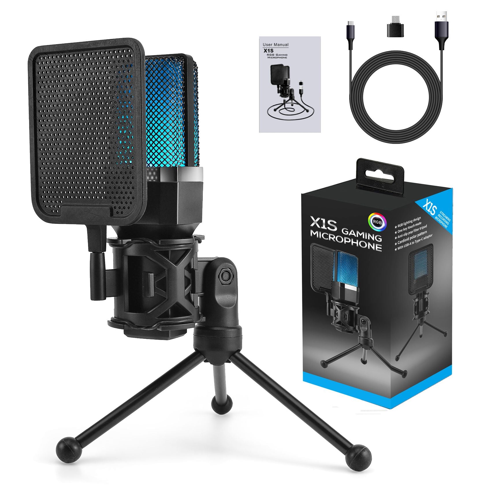 Micrófono condensador profesional para PC, portátil, Juegos de ordenador, USB, con cable, Streaming, Podcast, estudio, Mike, Kit, accesorio para jugadores