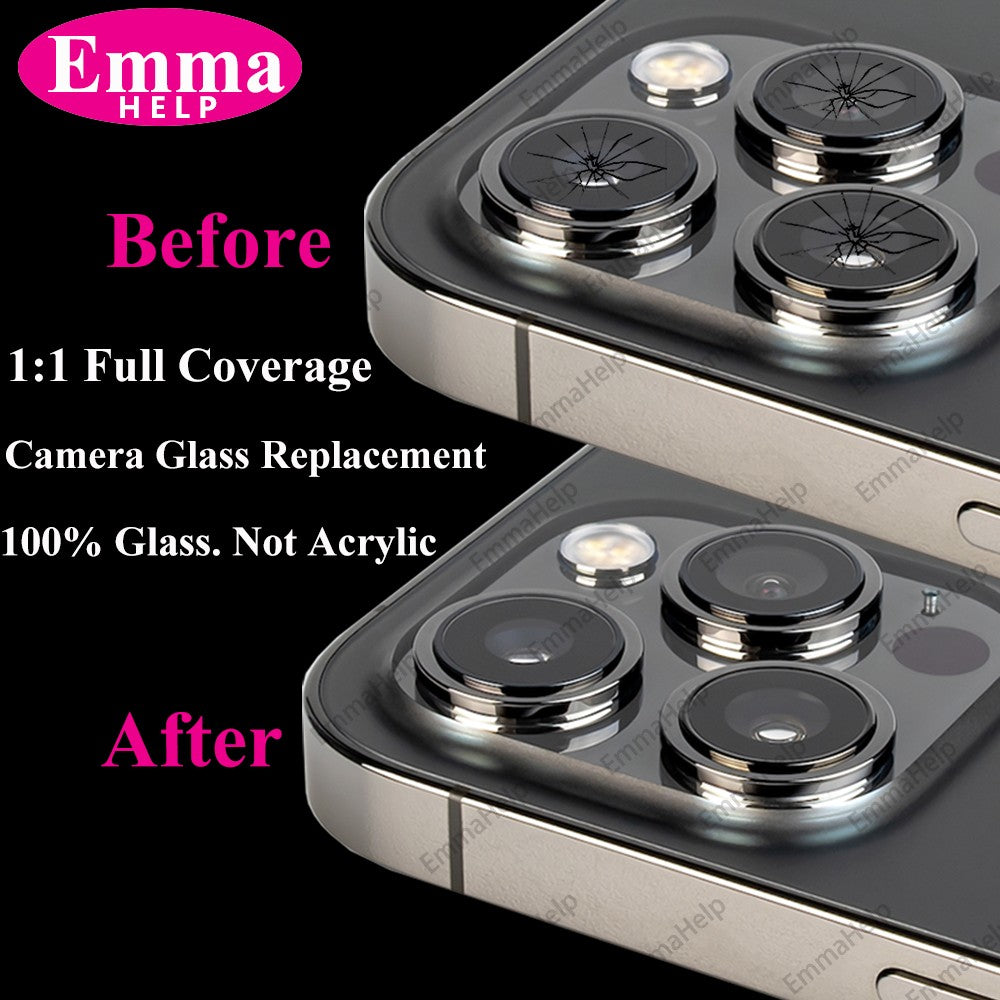 EmmaHelp Juego de 10 cristales de repuesto para cámara trasera de iPhone 15 14 13 XR X XS SE 7 8 11 12 Pro Max, cubierta de lente de cámara trasera, adhesivo de repuesto A+