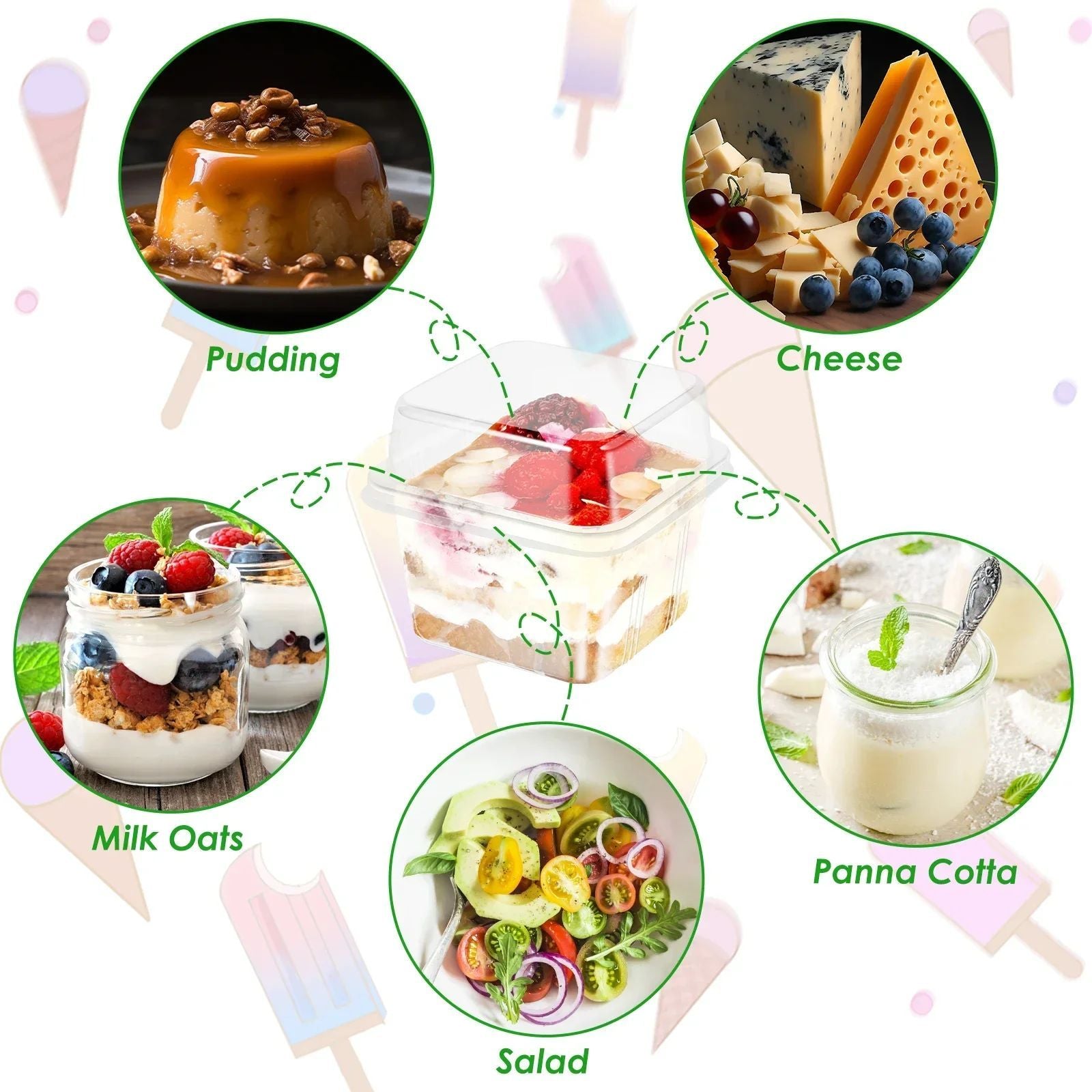 100 Uds. Tazas de postre multiusos con tapas contenedor de magdalenas reutilizable de 8oz caja de postre individual cuadrada transparente caja de almacenamiento de pasteles sellada