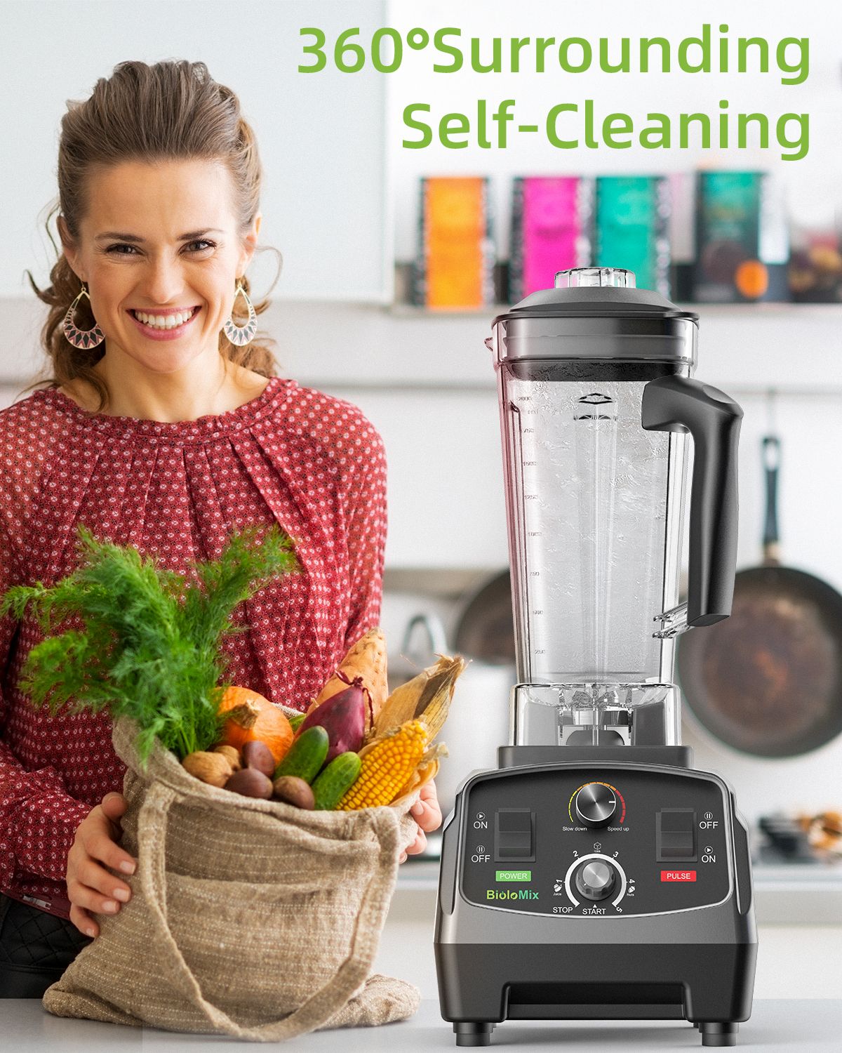 BioloMix-batidora con temporizador de alta resistencia, 3HP, 2200W, exprimidor, procesador de alimentos y frutas, batidos de hielo, sin BPA, tarro de 2L