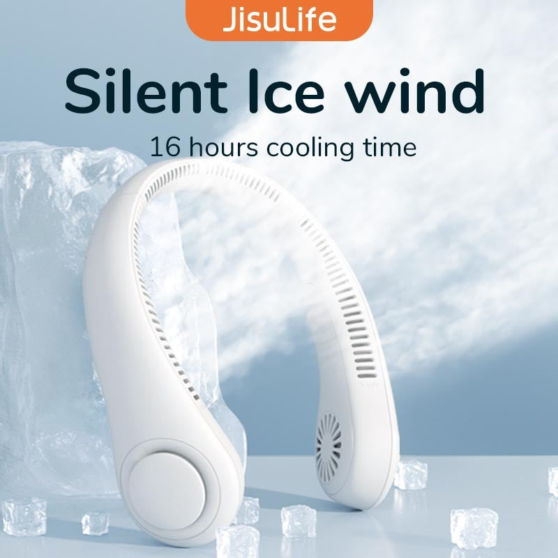Ventilador de Cuello Portátil JISULIFE, Batería Recargable de 4000mAh, 5 Velocidades Ajustables, Ventilador de Cuello sin Aspas Manos Libres Giratorio para Deporte