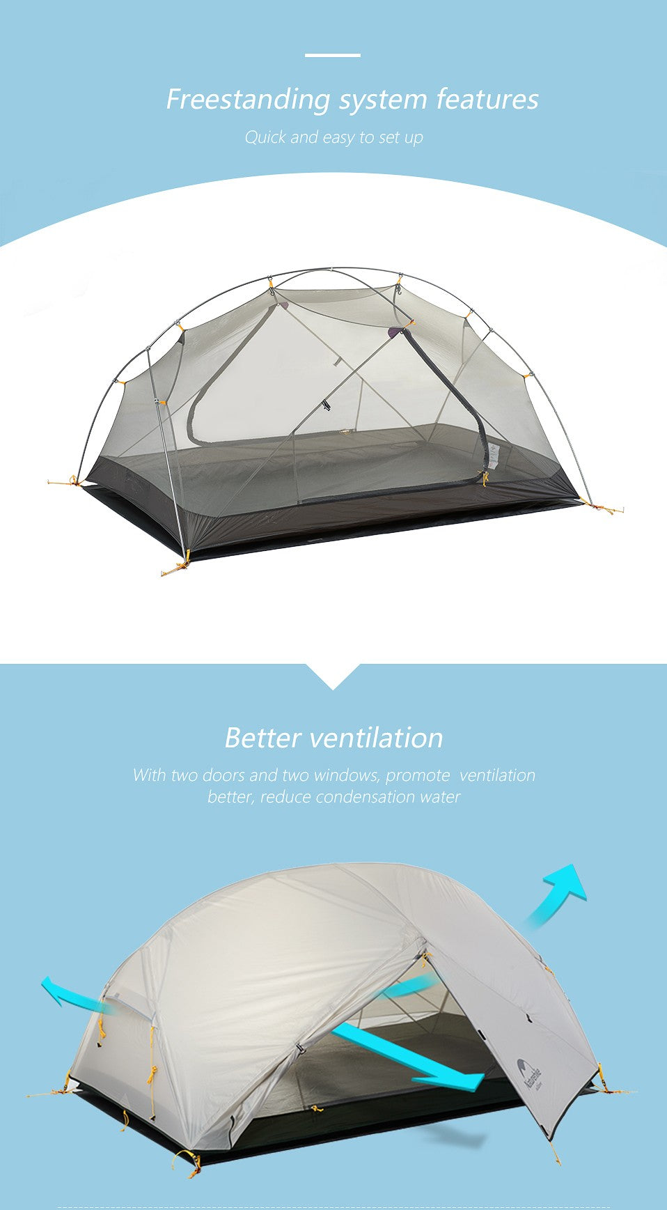 Carpa Naturehike Mongar 2 para Camping y Playa, Nailon 20D Impermeable, Carpa para 2 Personas, Mongar UL Ultraligera, Carpa de Senderismo para 3 Estaciones