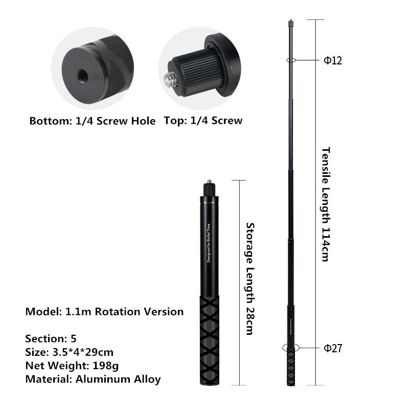 Palo de Selfie Invisible para GoPro 13, 12, 11, 10, 9, 8, Insta360 X5, X4, X3, X2, monopié extendido de 1/4 ", accesorios para cámaras deportivas