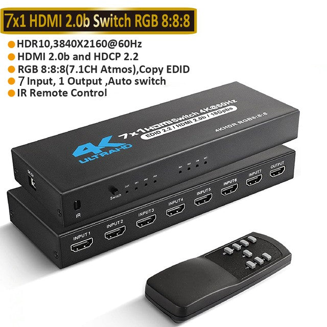 Conmutador HDMI 2.0 7 en 1, 4K 60Hz, Conmutador HDMI 5X1/4X1 HDR, Control Remoto para PS5, Xbox Series X, NS Switch, PC, HDTV 4K