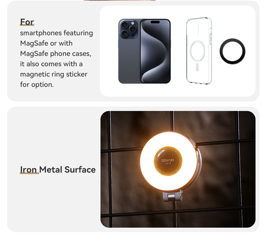 Ulanzi LM19 MagSafe Light CRI 95+ para fotografía Vlog Livestream Luz de relleno con tapa bicolor adecuada para teléfonos móviles magnéticos