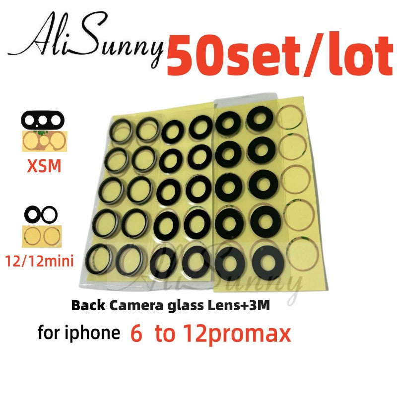 AliSunny-Conjunto de 50 lentes de cámara trasera para iPhone, cubierta de cristal, piezas de anillo, para modelos 13, 14, 7, 8 Plus, X, XS, Max, XR, 11, 12 y 15pro Max