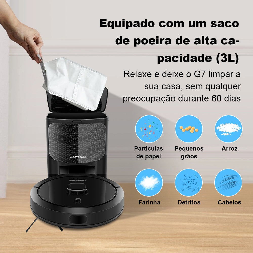 Robô Aspirador Liectroux G7 Aspira Passa Pano Base Autolimpante Controle via Aplicativo Navegação a Laser Armazena Mapas