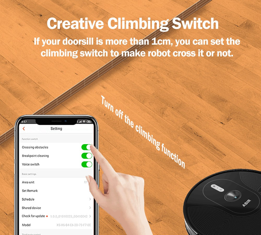 Robot aspirador ABIR X6 con sistema de ojo inteligente, succión 6000pa, software virtual wall, limpieza de áreas, desinfección por limpieza húmeda, tarjeta de memoria, compatible con Alexa, Google Home