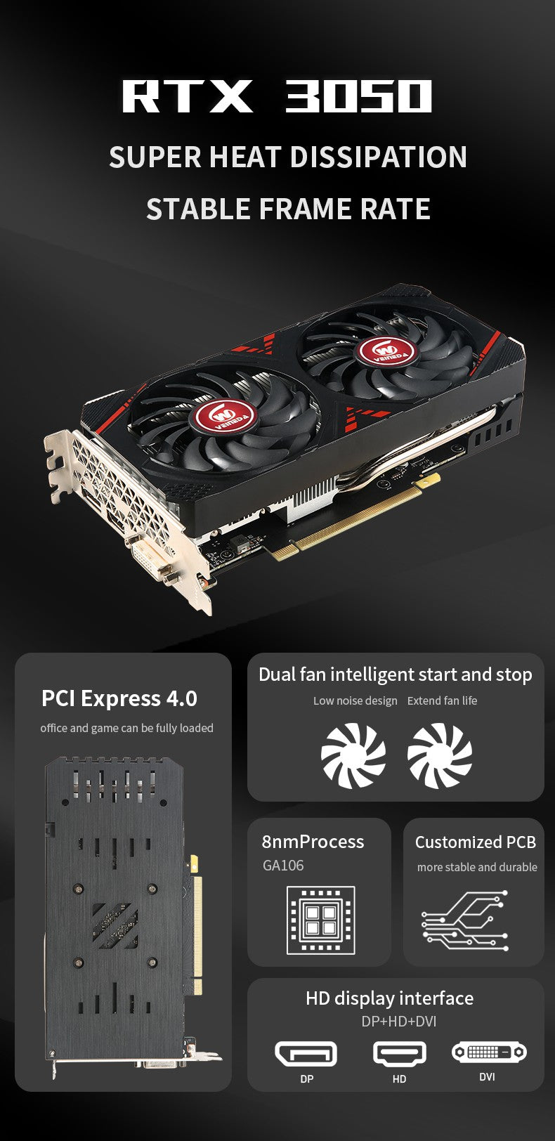 VEINEDA RTX3050 8GB GDDR6 128bit Tarjeta gráfica de computadora RTX 3050 8GB Gaming PC rtx 3070 DP * HDMI-compatible placa de video