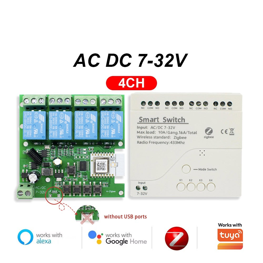 Interruptor Inteligente Zigbee de Contacto Seco, Módulo de Relé de Riel DIN de 1, 2 o 4 Canales, Relé RF de Dos Canales 433, 12V 24V 230V, Compatible con Tuya