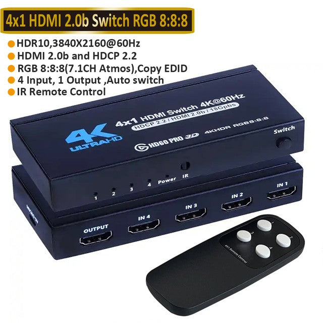 Conmutador HDMI 2.0 7 en 1, 4K 60Hz, Conmutador HDMI 5X1/4X1 HDR, Control Remoto para PS5, Xbox Series X, NS Switch, PC, HDTV 4K