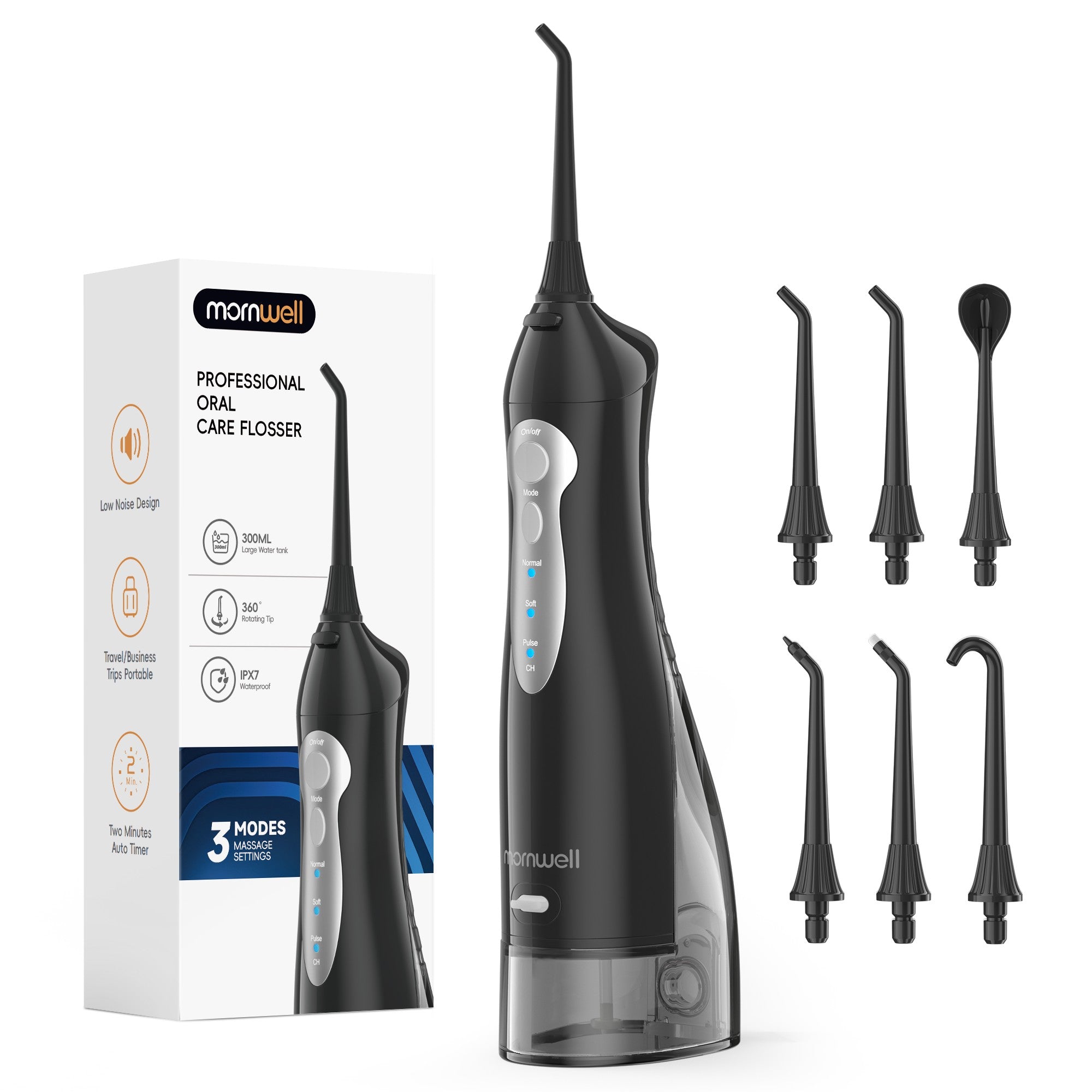 Irrigador Bucal Mornwell con 6 Boquillas y 3 Modos, Irrigador Dental Inalámbrico Portátil D52, Limpiador de Dientes con Resistencia al Agua IPX7