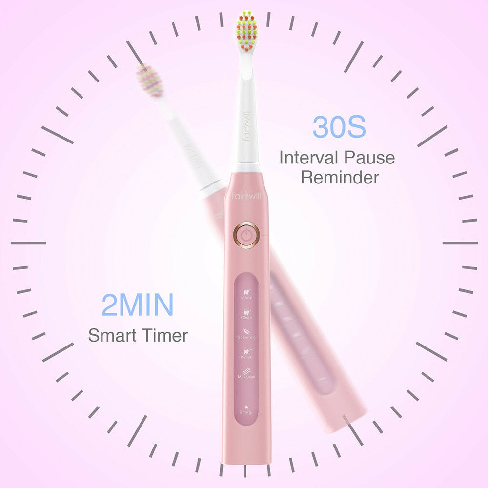 Fairywill-cepillo de dientes eléctrico FW-507, dispositivo con 5 modos, Cargador USB, temporizador de repuesto, 8 cabezales