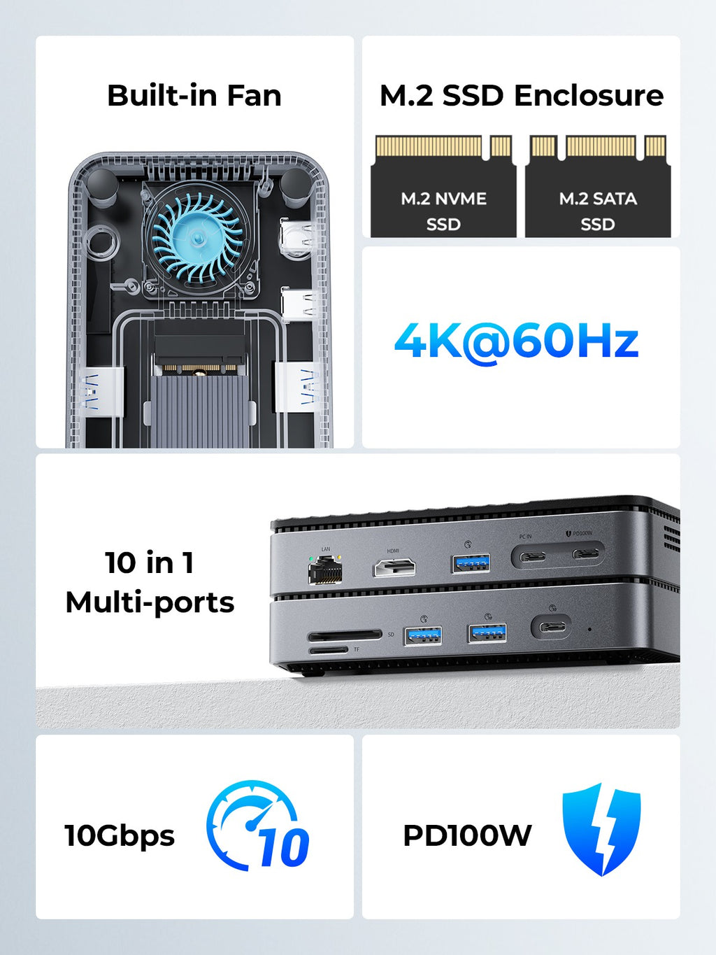 ORICO tipo C HUB con ventilador de refrigeración M.2 NVMe SATA SSD gabinete externo 10Gbps 4K 60Hz HDMI-Com RJ45 SD/TF estación de acoplamiento USB