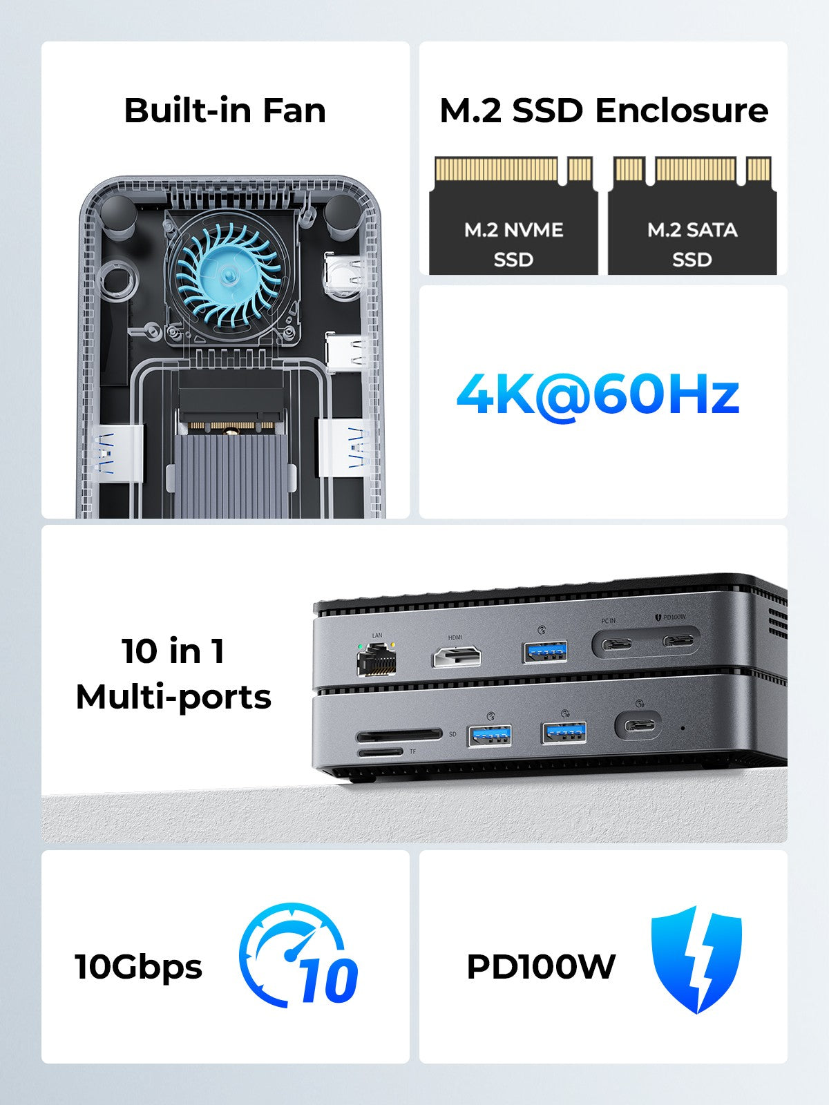 ORICO tipo C HUB con ventilador de refrigeración M.2 NVMe SATA SSD gabinete externo 10Gbps 4K 60Hz HDMI-Com RJ45 SD/TF estación de acoplamiento USB