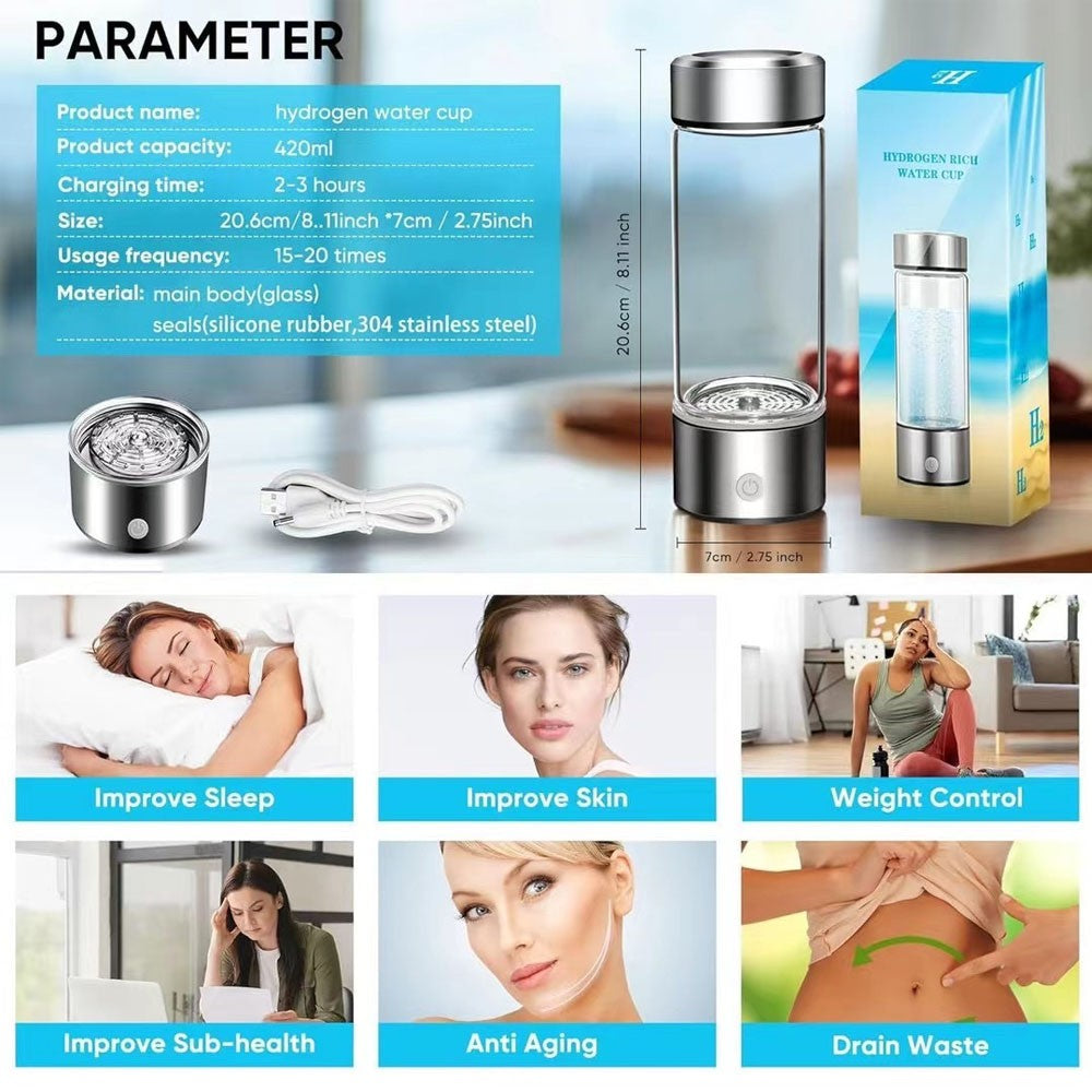 Taza de agua rica en hidrógeno de 420ml, botella eléctrica con generador de agua rico en hidrógeno, filtro de calidad de titanio, ionizador antioxidante portátil