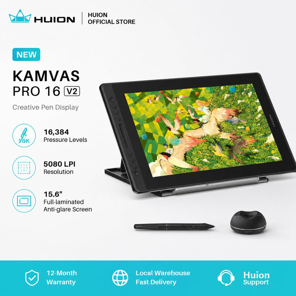 Modelo 2026 Más Reciente, HUION Kamvas Pro 16 V2, Pantalla Táctil de 15.6 Pulgadas con Laminación Completa, 16K Niveles de Presión, Barra Táctil Inteligente y 6 Teclas, Tableta Gráfica