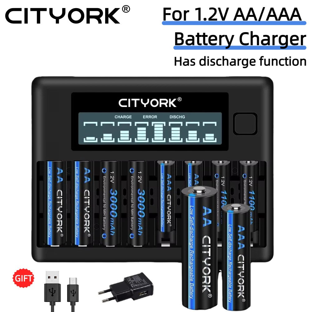 CITYORK 1.2V AA y AAA Batería Recargable NIMH+ 8 Ranuras LCD USB Cargador de Batería Para 1.2V AA AAA NI-MH Batería Recargable