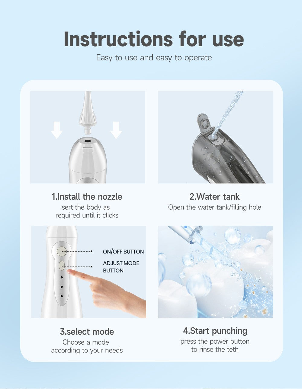 Irrigador Bucal Mornwell con 6 Boquillas y 3 Modos, Irrigador Dental Inalámbrico Portátil D52, Limpiador de Dientes con Resistencia al Agua IPX7