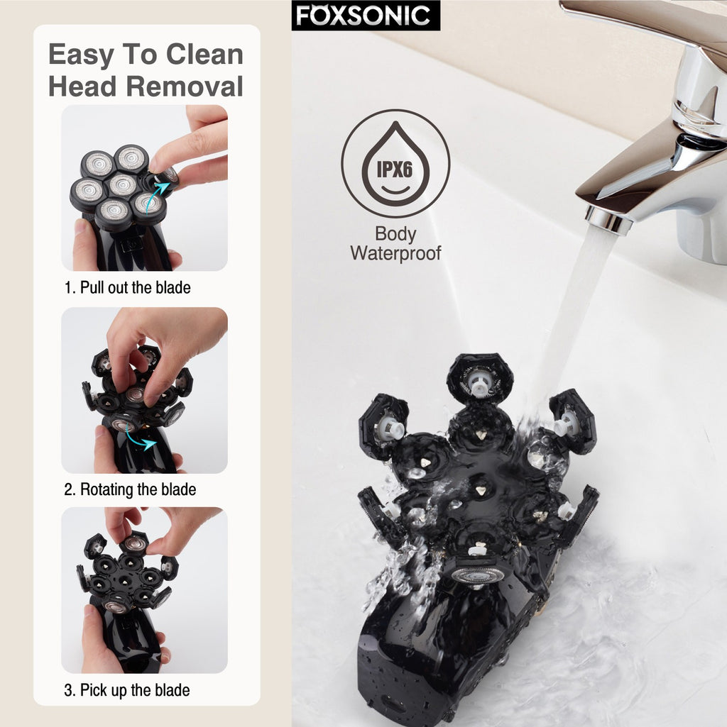 FOXSONIC-Afeitadora para hombre 7D independiente, 7 cortadores, cabezal flotante, maquinilla de afeitar eléctrica resistente al agua, recortadora de barba para hombre
