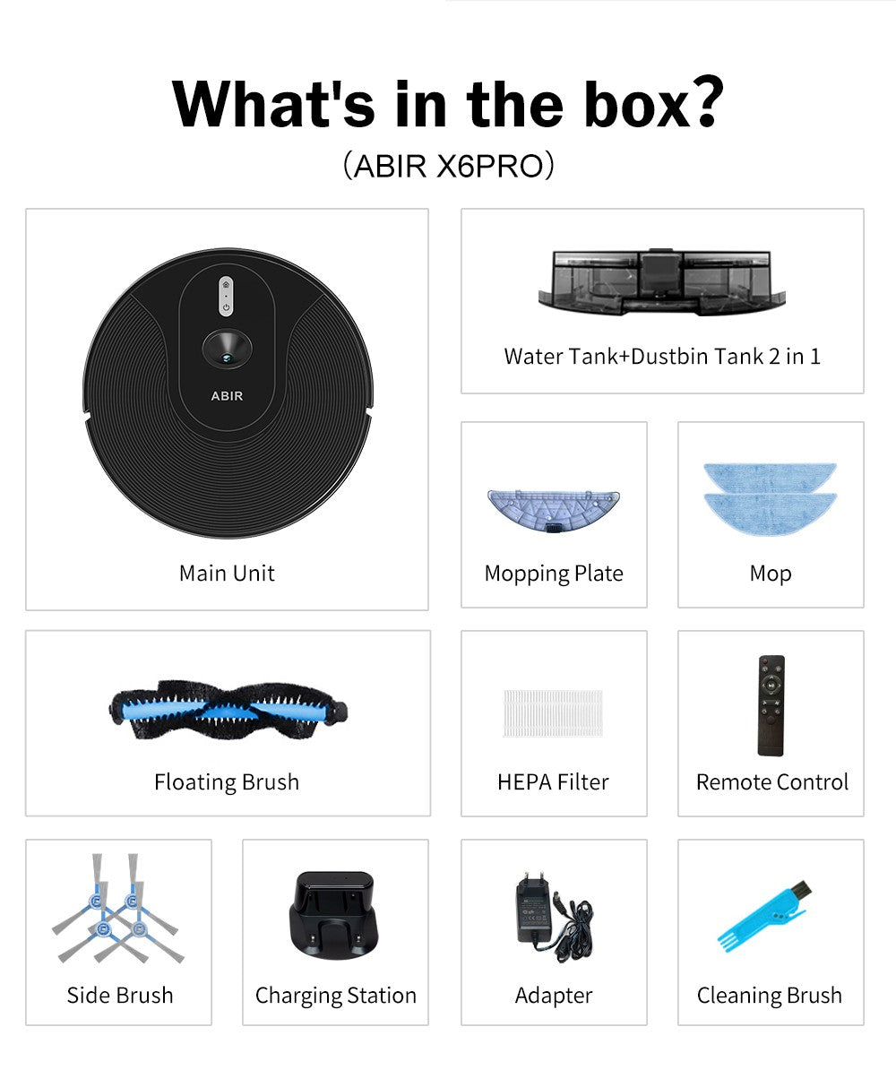 Robot aspirador ABIR X6 con sistema de ojo inteligente, succión 6000pa, software virtual wall, limpieza de áreas, desinfección por limpieza húmeda, tarjeta de memoria, compatible con Alexa, Google Home