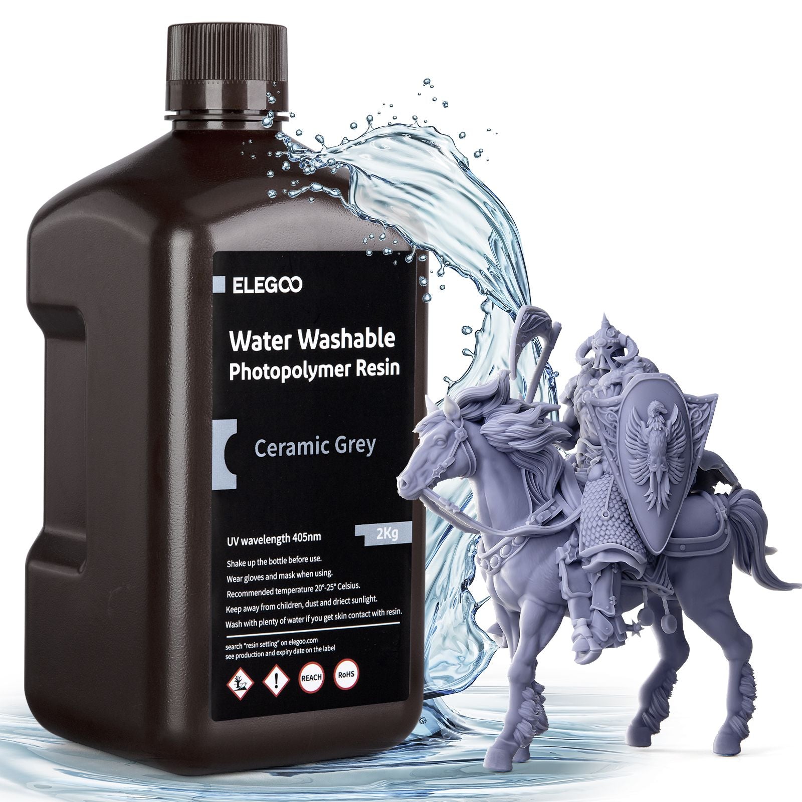 Resina para Impresora 3D ELEGOO, 2 kg, 405 nm, Curado UV, Lavable con Agua, para Impresión 3D LCD, Alta Precisión, Bajo Olor, Gris 2000 g