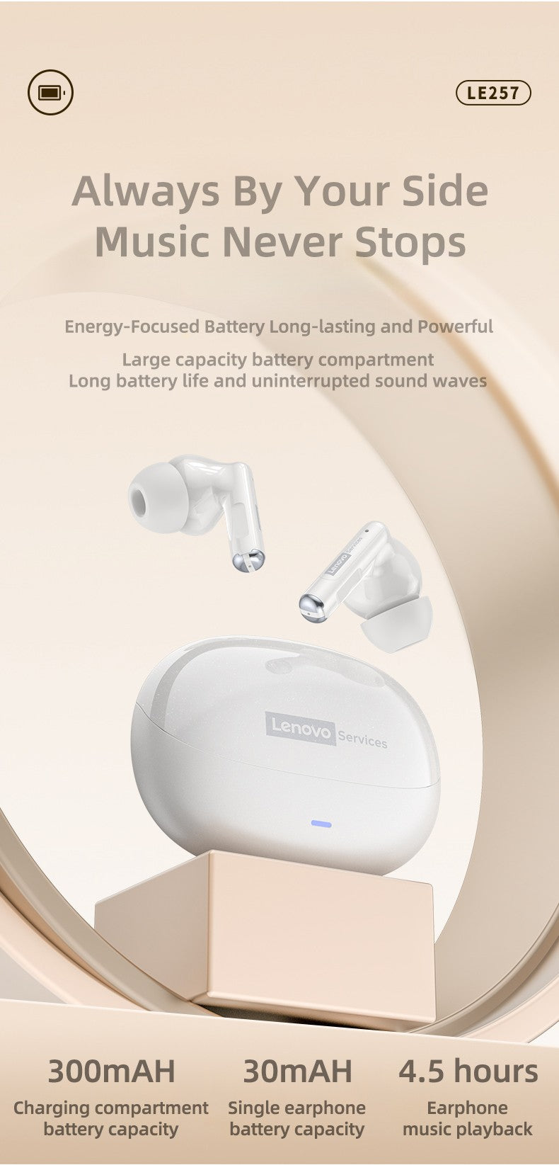Auriculares Inalámbricos Lenovo LE257 con Bluetooth 6.0, Sonido HiFi, Cancelación de Ruido ENC, Auriculares TWS para Juegos y Deportes con Micrófono