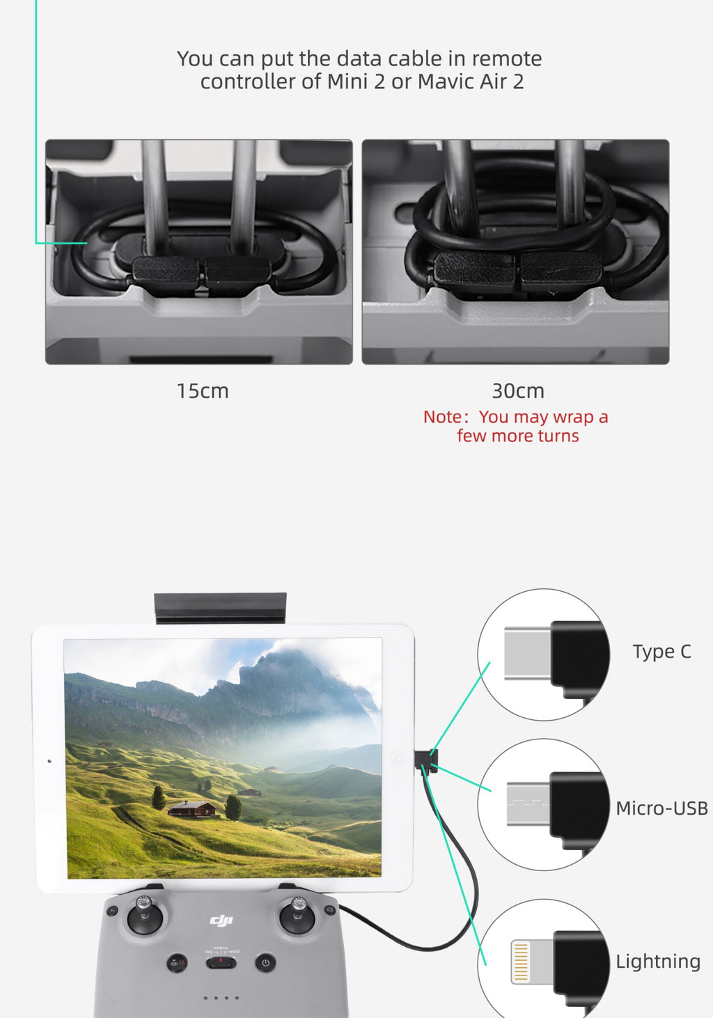 Cable de datos de Control remoto para Dron DJI Mini 3 Pro /Mavic 3/Mini 2 /Mavic Air 2/Air 2S, Cable de datos de Control remoto de RC-N1, IOS, Android, Micro tipo C