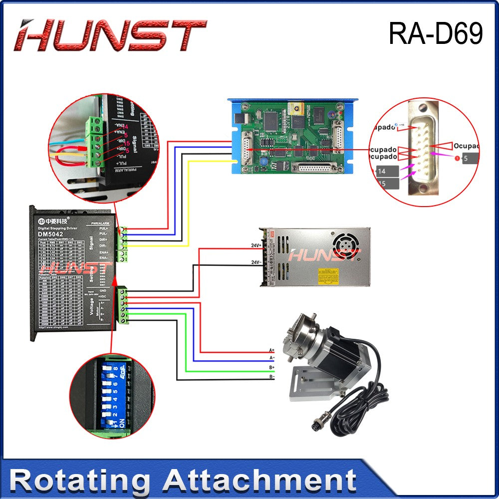 Máquina de Marcado Láser CNC Hunst D69 con Eje Rotatorio para Grabado de Anillos, Pulseras y Joyería, Accesorio Rotatorio con Bloqueo Automático