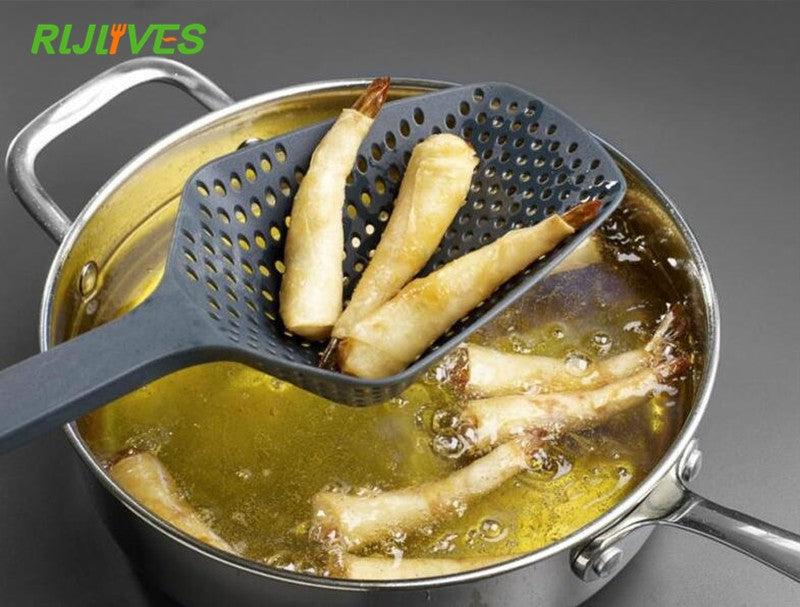 RLJLIVES 1 pieza de palas de cocina negras, colador de verduras, cuchara de nailon, colador grande, filtro de sopa, herramientas de cocina