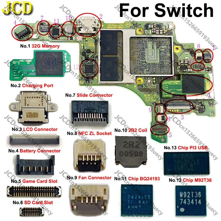 Chip de placa base, puerto de carga tipo C, memoria de 32G, bobina 2R2, ranura para tarjeta deslizante, batería, enchufe ZL, conector FPC de pantalla LCD para interruptor