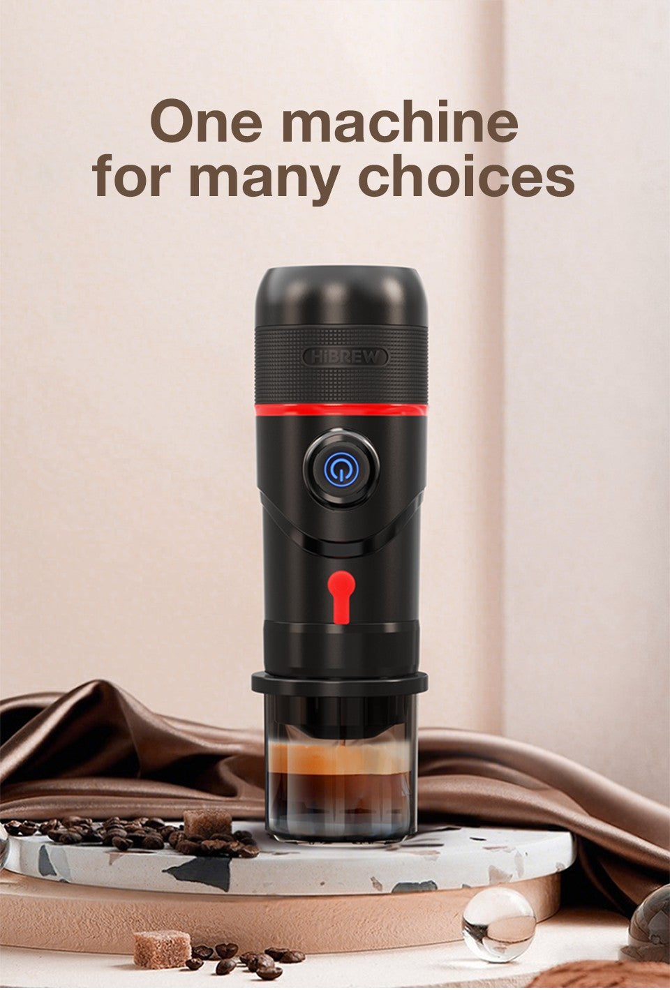 HiBREW Máquina de Café Portátil para Coche y Hogar, Cafetera de Expreso, Compatible con Cápsulas Dolce Nespresso y Café Molido, CC de 12 V, Dispositivo H4