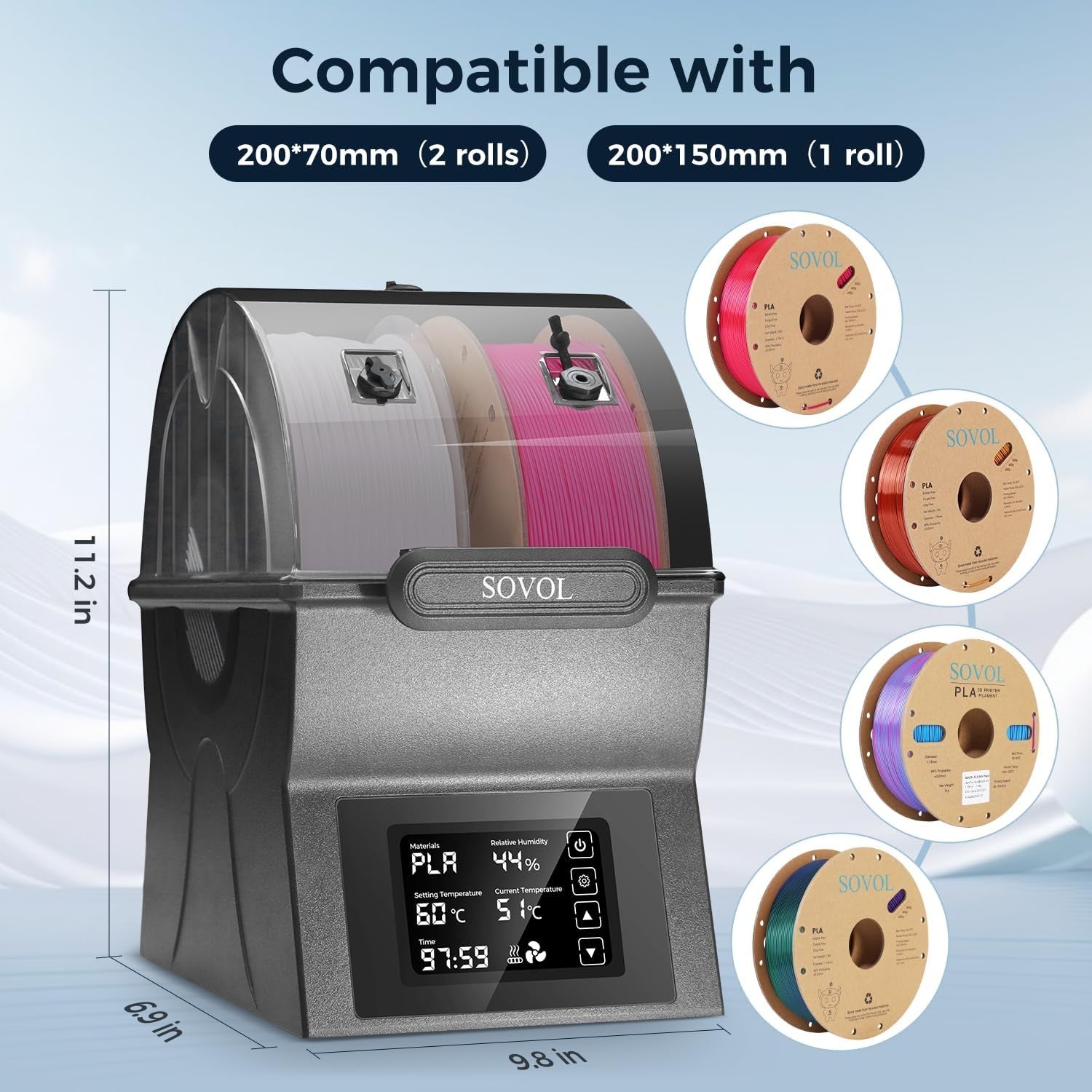 Secador de filamentos Sovol SH02, caja seca, caja de almacenamiento sellada de filamentos, soporte de carrete de impresora 3D con calentador PTC, deshidratador de filamentos