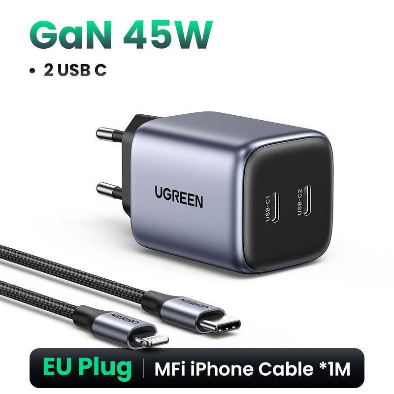 UGREEN GaN 45W cargador USB PD QC 3,0 cargador rápido para iPhone 17 16 15 Pro cargador de teléfono de viaje para Samsung S24 S23