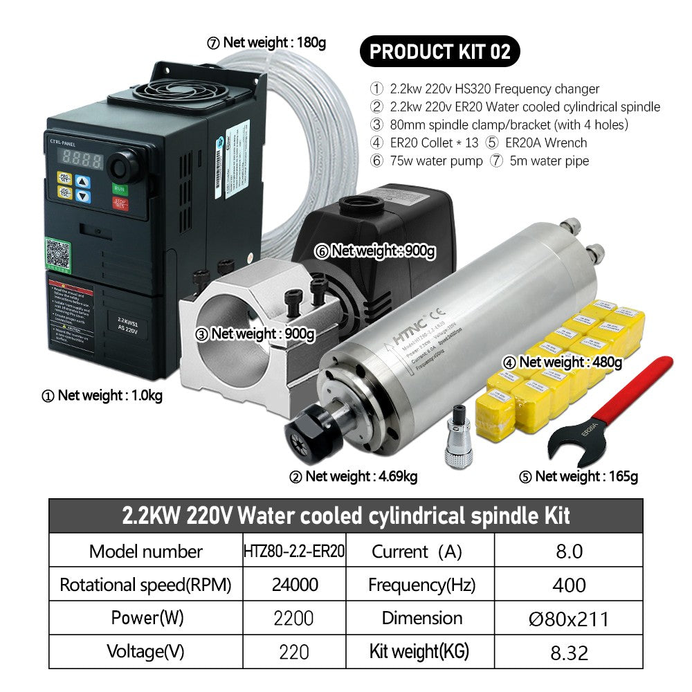 Motor de husillo CNC de 2200W, 220v ER20, 2,2 kW, husillo de refrigeración por agua redondo, 24000RPM + 2,2 kW VFD 50/60hz + bomba de agua + soporte de 80mm