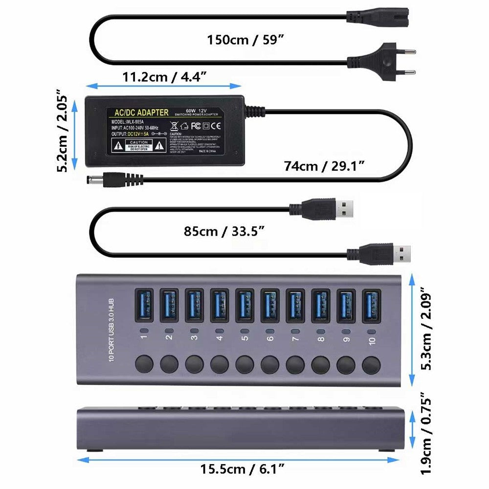 USB 3,0 Hub Socket Switch 4 6 10 puertos concentrador multi-tap multipuerto estación de acoplamiento cargador fuente de alimentación múltiple tipo C