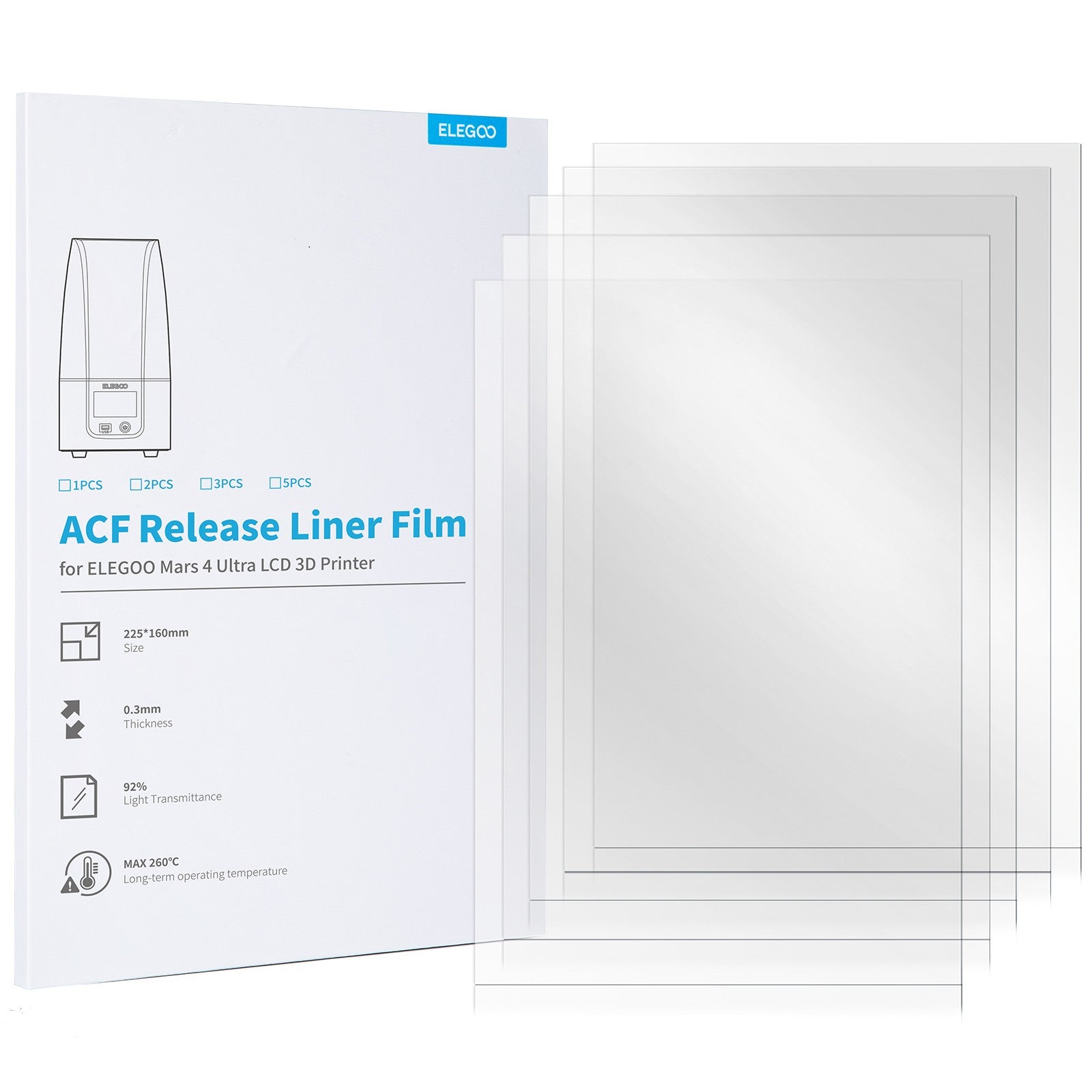 ELEGOO Juego de 5 Películas de Liberación ACF para Impresora 3D LCD MARS 4 ULTRA, Grosor de 0.3 mm, 225 * 160 mm, Admite Impresión 3 Veces Más Rápida