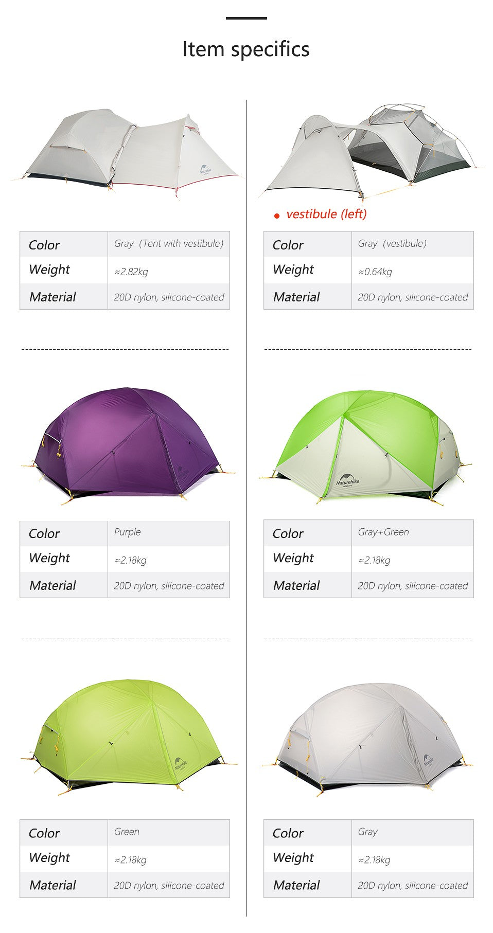 Carpa Naturehike Mongar 2 para Camping y Playa, Nailon 20D Impermeable, Carpa para 2 Personas, Mongar UL Ultraligera, Carpa de Senderismo para 3 Estaciones