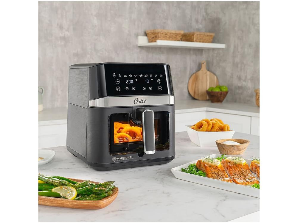 Freidora eléctrica sin aceite Oster DiamondTech en negro y plateado con temporizador de 6 litros - 110 V