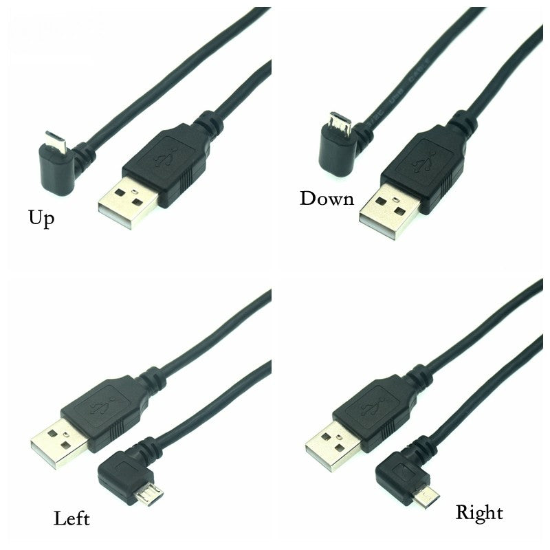 Up Down Left Right Angled 90 grados USB Micro USB macho a USB macho conector de carga de datos Cable corto 25cm 50cm para tableta 150cm