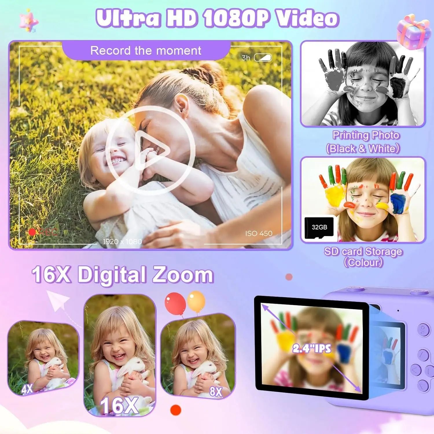 Mini cámara de vídeo digital para niños con impresión térmica y estabilización de imágenes múltiples, tarjeta de 32 GB incluida