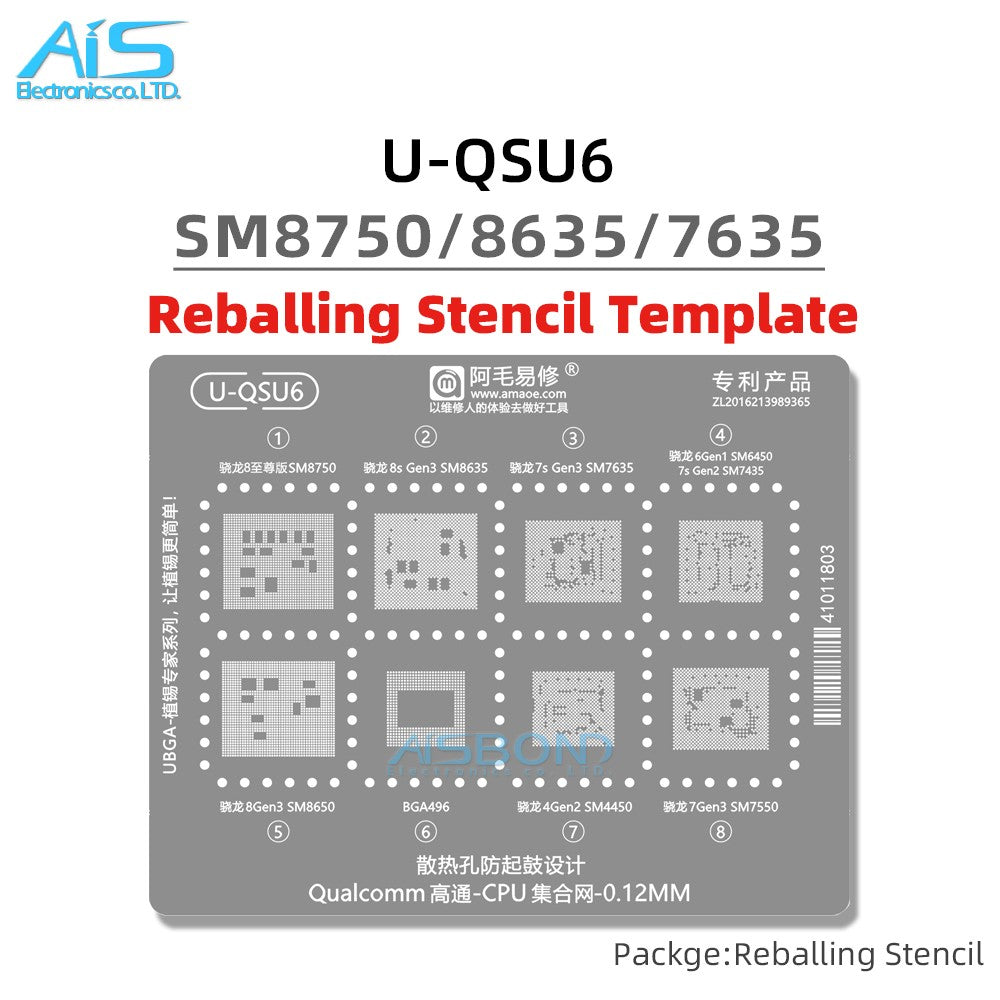 Plantilla de reparación BGA U-QSU1-6 para CPU serie Qualcomm SM8350 SM8250 SM8475 SM7325 SM7125 SM7350 SM8150 SM7250 SM8750 SM8635 Net