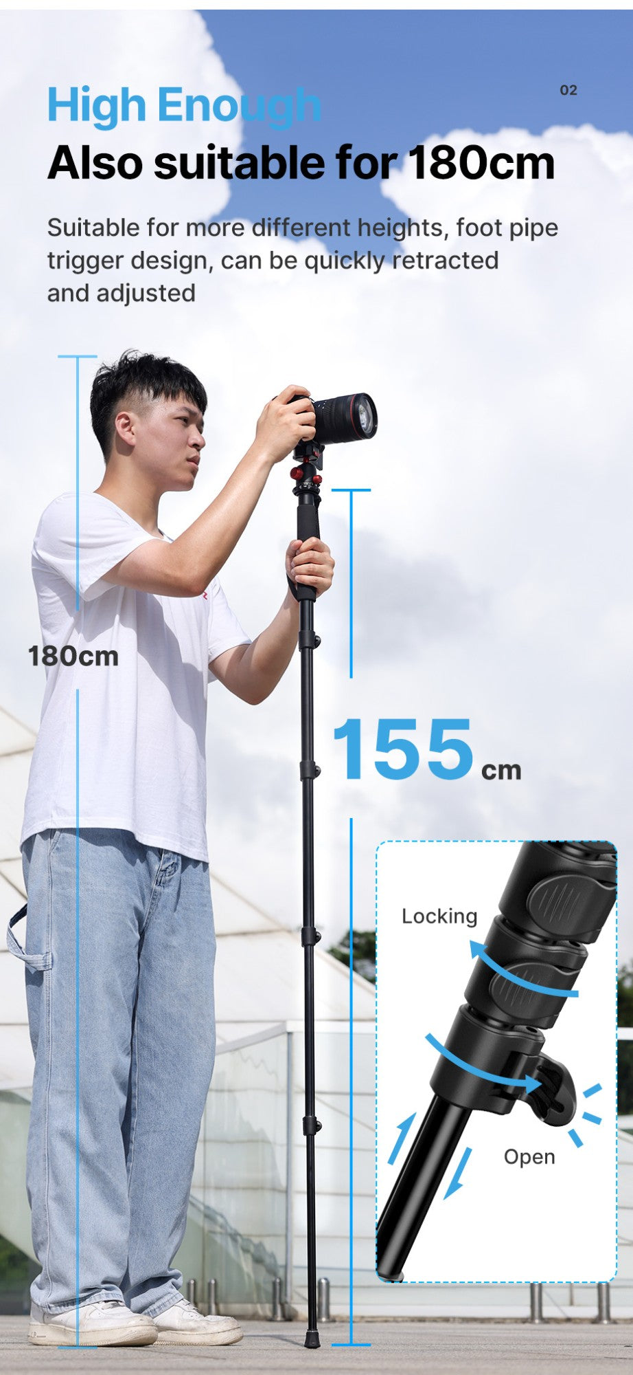 Ulanzi-trípode de aluminio para cámara DSLR, ligero de 1/4 monopié/3/8 pulgadas, palo de Selfie de viaje y senderismo, máx. 155cm, carga de 5KG
