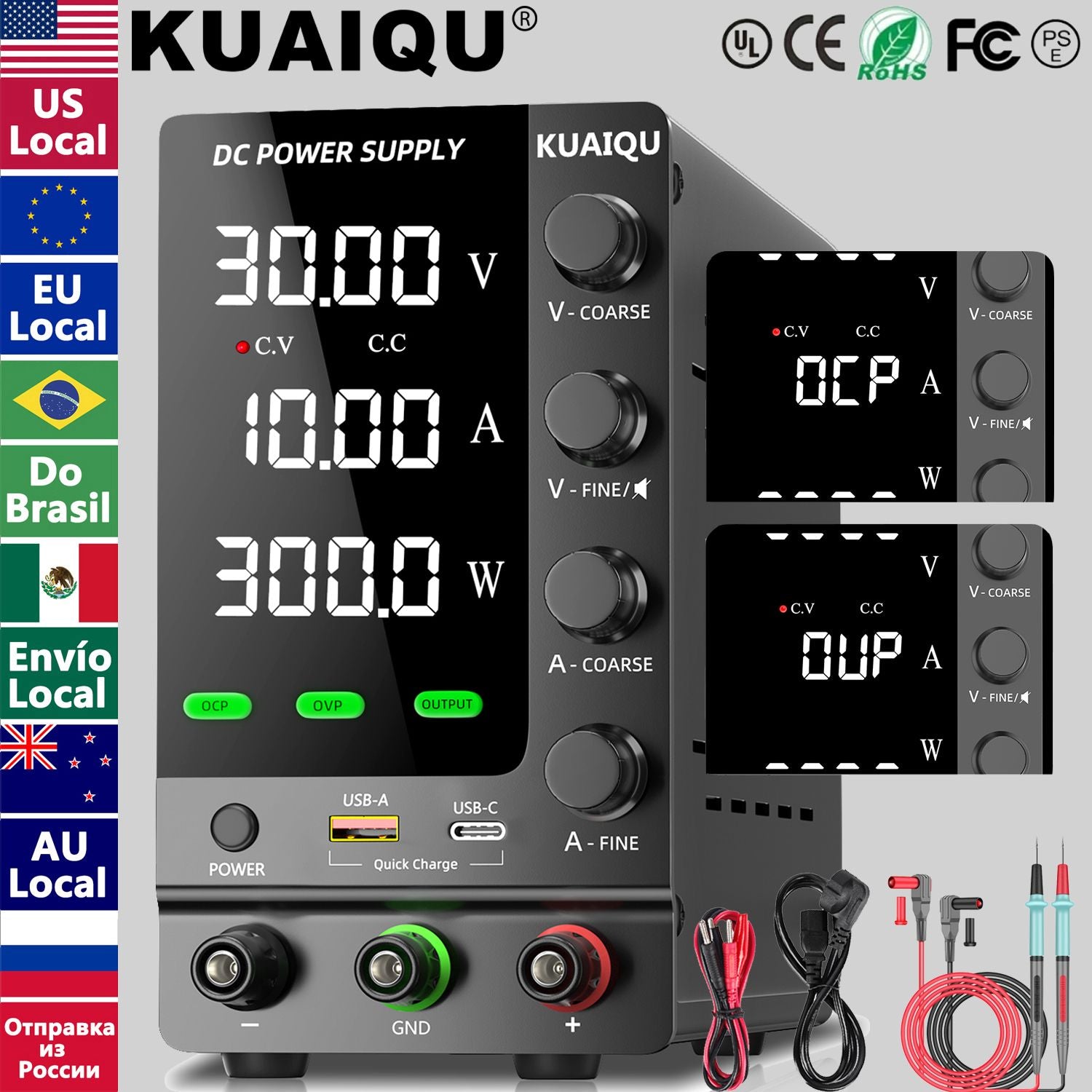Fuente de Alimentación CC KUAIQU 30V 10A 5A, Fuente de Alimentación de Banco Variable Ajustable para Laboratorio, Regulador de Voltaje 60V 5A 120V 3A