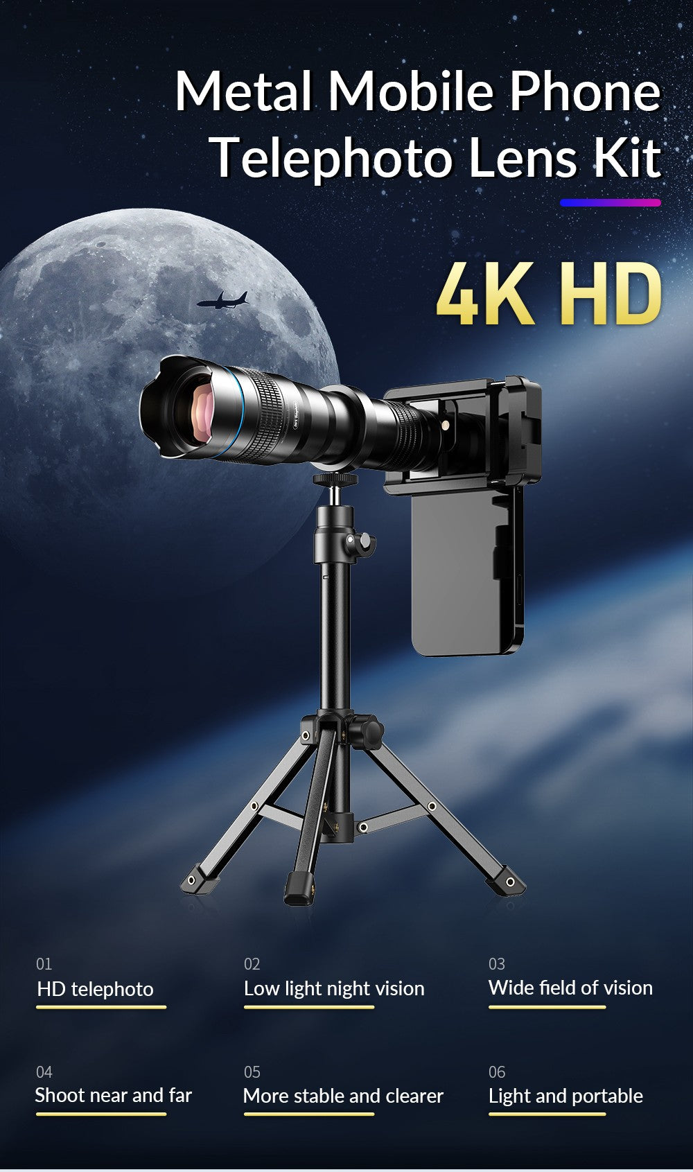 APEXEL-teleobjetivo de Metal 36X con trípode, telescopio Universal con Clip, para teléfonos inteligentes iPhone, Samsung, Camping y senderismo