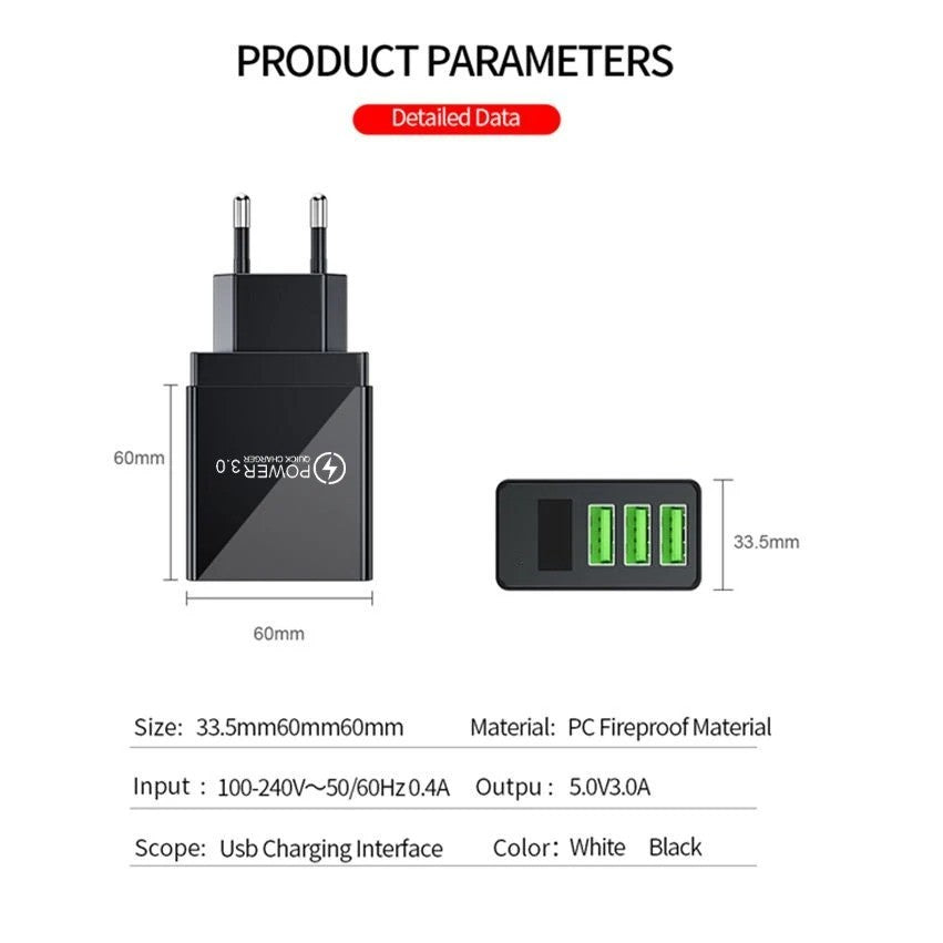 Cargador USB de 3 puertos, adaptador de pared de carga rápida con pantalla Digital LED para Samsung S23 Xiaomi 14 Pro Huawei Mate 60 Redmi