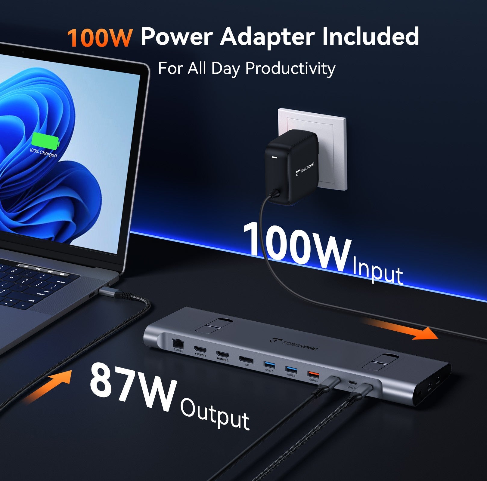 TobenONE Estación de acoplamiento USB C Soporte para computadora portátil Monitor 4K dual/triple con fuente de alimentación Gan III de 100 W, Ethernet de 2,5 Gbps