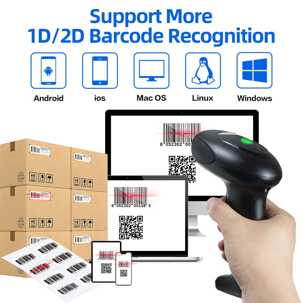 Escáner de código de barras con cable/inalámbrico/Bluetooth, lector de código de barras portátil, matriz de datos 1D/2D, industria de supermercado, nuevo